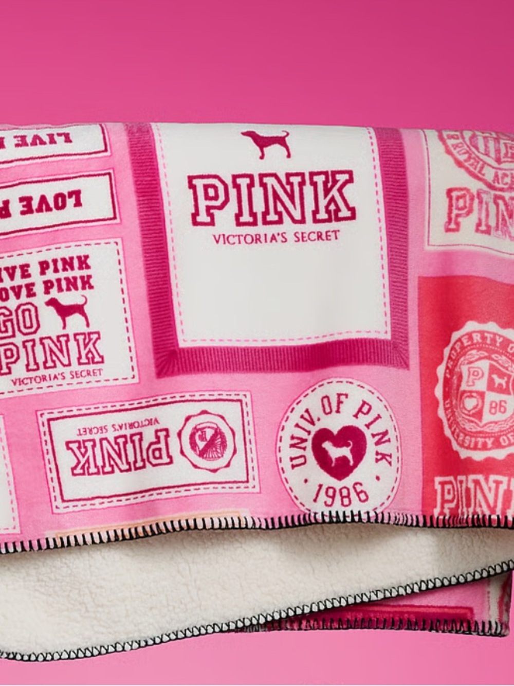PINK Victoria's Secret Patchwork Logo Sherpa Blanket in Pink. New in bag!